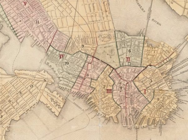 Image of a historical map of Boston, showing the boundaries of the ten wards at the time.